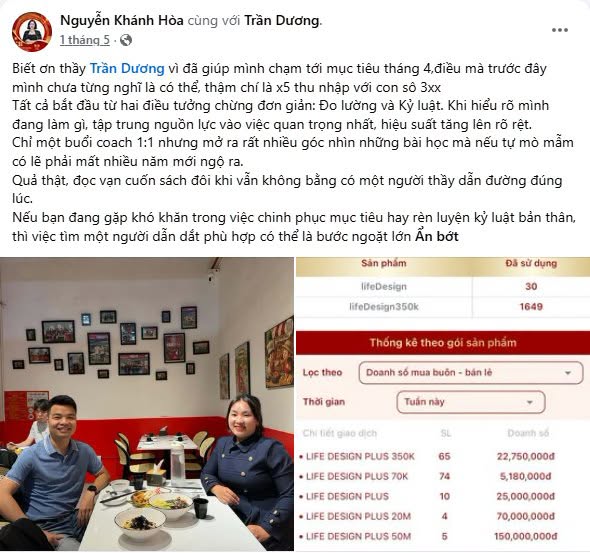 Bài đăng Facebook tri ân HLV Trần Dương & bảng doanh số trăm triệu