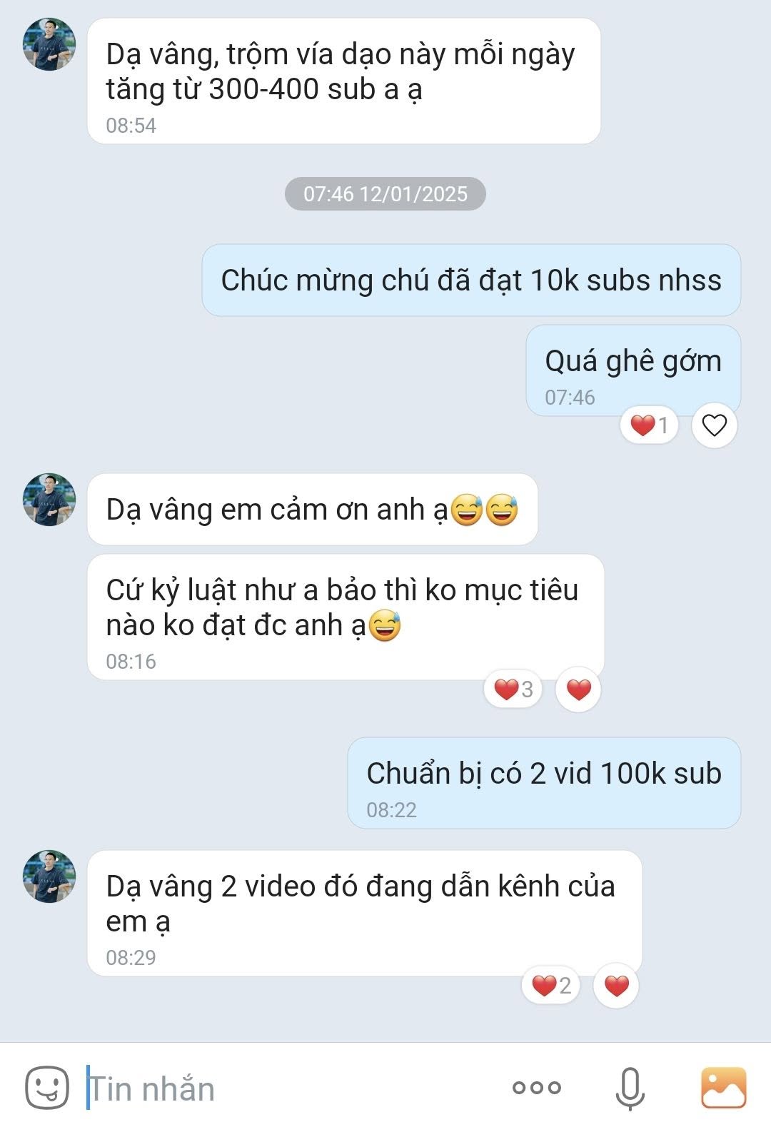 Tin nhắn đạt mốc 10.000 subs, tăng 300–400 sub/ngày